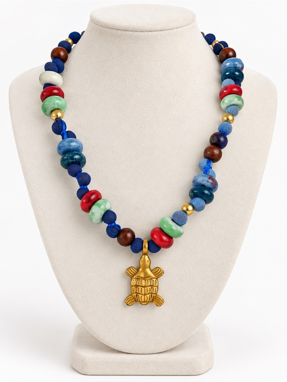 Zara Multicolor Beaded Necklace with Gold Tone Turtle Pendant